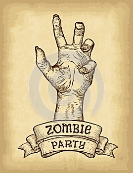 Hand drawn zombie hand and ribbon banner on old craft paper texture background.