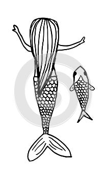 Hand draws cute mermaid with small fish. Doodle vector illustration. Stylization for a child`s drawing