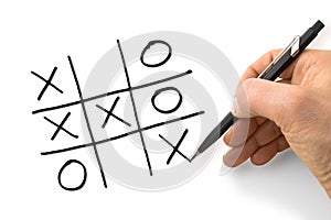 Hand draws the tris game on white sheet