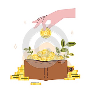 A hand dropping a cryptocurrency coin into a wallet decorating with a pile of gold coins and branches in money saving concept