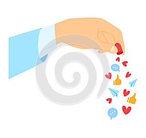 Hand dropping heart and message icons, symbolizing social media engagement, likes and communication vector illustration