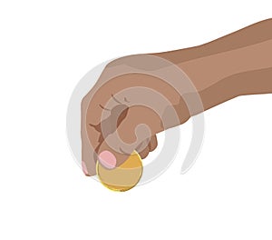 Hand dropping putting golden coin look like cryptocurrency clean vector illustration finance money concept isolated white backgrou