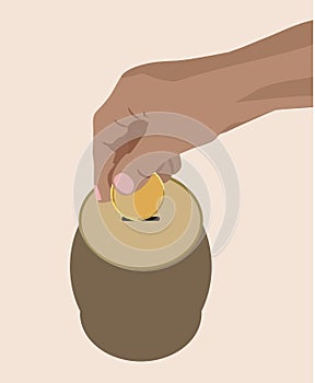 Hand dropping putting golden coin in saving cash box Piggy Bank clean vector illustration finance money concept