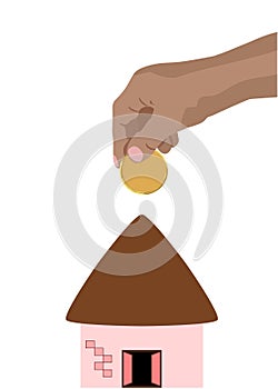 Hand dropping putting golden coin in to hut home clean vector illustration finance money concept own home concept isolated white