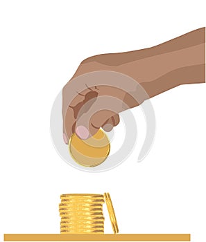 Hand dropping putting and stacking golden coin clean vector illustration finance money concept isolated white background