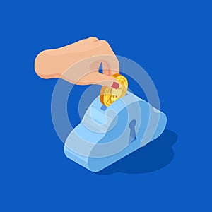 Hand drops dollar into bank. Save money vector concept