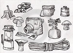 Hand drown kit, set of hiking, camping equipment, black and white, scanned illustration