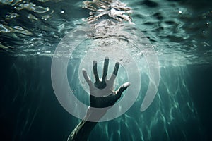 The hand of a drowning man in the water. A man\'s hand under water. A drowning man in the depths of the sea