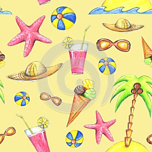 Hand drwan watercolor summer seamless pattern with elements on yellow background - palm, sunglasses, ice cream, ball, starfish,