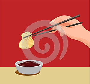 Hand dumpling with chopstick to sauce.traditional chinese food symbol in cartoon illustration vector