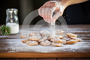 hand dusting powdered sugar over palmiers on wooden board