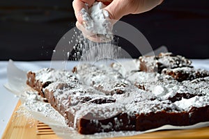 hand dusting powdered sugar over a tray of brownies