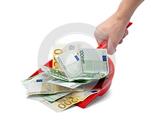 Hand, dustpan, money