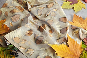 Hand-dyed silk scarf surrounded by autumn leaves. Eco-print technique