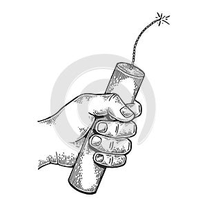 Hand with dynamite engraving vector illustration