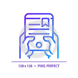 Hand with ebook pixel perfect gradient linear vector icon