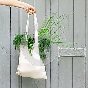 Hand with an eco bag on a wooden grey background.