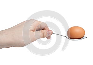 Hand with egg on spoon photo