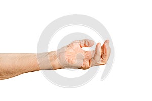 Hand of elderly woman with open palm. Old lady arm on a white background