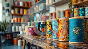 hand embroidery art, colorful embroidery hoops adorn the craft room wall, showcasing the beauty of handcrafted clothing photo