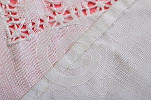 Hand embroidery on linen and cotton fabric, homespun cloth, Richelieu and mesh, background