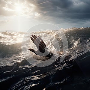 hand emerges from the water, surrounded by sea waves and illuminated by sun rays. It symbolizes a cry for help