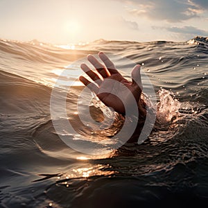 hand emerges from the water, surrounded by sea waves and illuminated by sun rays. It symbolizes a cry for help