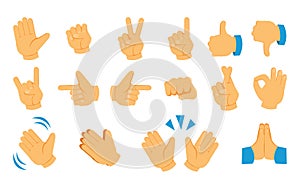 Hand emoticon. Social media gesture icons. Thumb up and waving arms. Fist victory signs. Open palm and pointing finger
