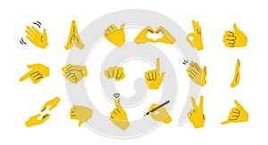 Hand emoticons. Yellow arms and fists with gestures of open palm, prey, like or dislike, victory and muscle. Vector