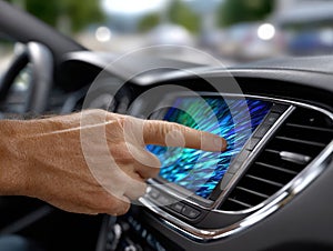 Close-up of a hand interacting with a modern touchscreen display in a vehicle, showcasing vibrant graphics and sleek design,