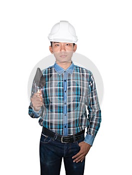 Hand of engineer holding Triangle trowel and wear white safety helmet plastic on white background