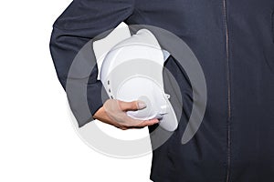 Hand of engineering worker holding white safety helmet plastic. in construction isolated on white background