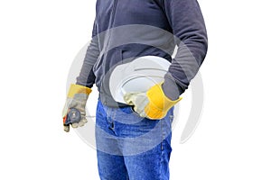 Hand of engineering worker wear gloves holding white safety helmet plastic. equipment prevent danger engineer in construction