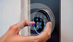 Hand Entering a Code on a Digital Smart Lock Keypad on a Door, generative ai