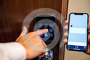 Hand entering code on smart lock keypad, generative ai
