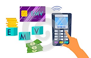 EMV chip smart credit or debit card.Contactless payment method. photo