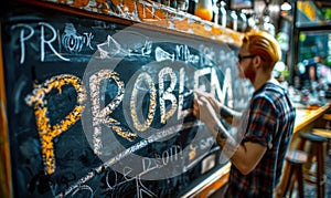 Hand erasing the word PROBLEM written in white chalk on a blackboard, symbolizing solution finding, overcoming challenges