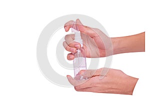 Hand with ethyl alcohol bottle going to apply spraying for disinfection, clean up and washing hand, isolated on white background