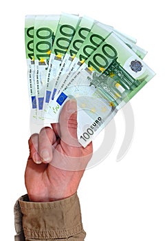 Hand with euro banknotes.