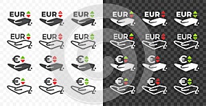 Hand and european euro, EUR with up and down arrow currency exchange rate vector design. Foreign currencies, exchange rates value