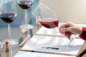 Hand evaluating red wine density at table
