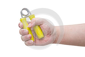 Hand exercising using hand gripper, isolated on white background photo