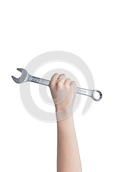Hand extends wrench high up, isolated on white. Service and repair concept