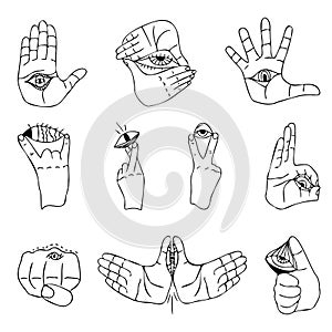 hand and eye set, popular gestures ok, super, peace, fist, palm with eye, fingers crossed, mystical occult esoteric concept,