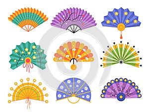 Hand fan. Decorative traditional paper fan, folding chinese attribute, elegant craft oriental souvenir, vintage personal