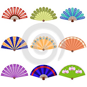 Hand fan icon set. Cartoon set of hand fan icons for web design isolated on white background.