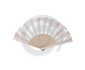 Hand fan, Japanese geisha white paper air fan with rose flowers. Vector illustration. Asian traditional accessory. Graphic stock