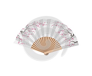 Hand fan, Japanese geisha white paper air fan with sakura flowers. Vector illustration. Asian traditional accessory. Graphic stock