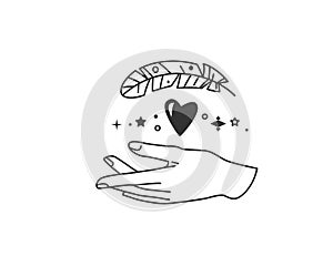 Hand with feather, heart and design element in simple flat boho line style. Vector illustration