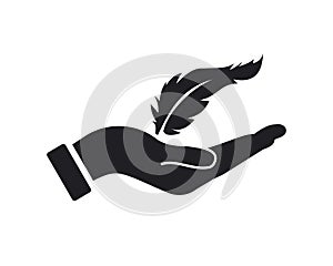 Hand Feather logo design. Feather logo with Hand concept vector. Hand and Feather logo design